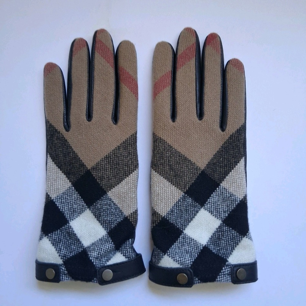 Burberry London Gabriel Check Wool & Leather Gloves Size 7 1/2 Medium Women's - Picture 3 of 9